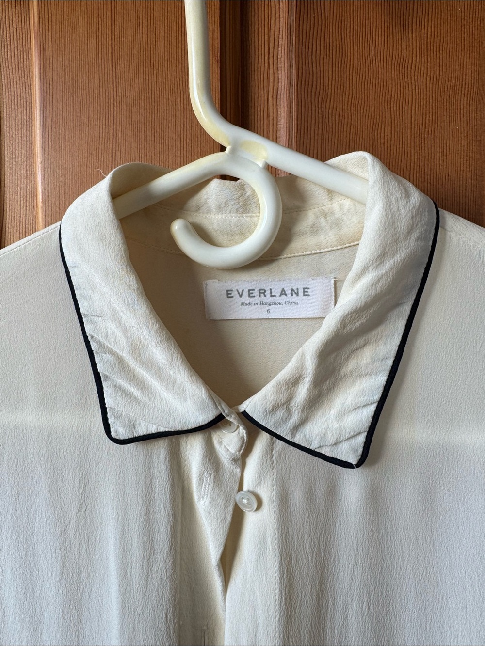 Everlane Cream Silk Button-Down Shirt/Blouse with Black Trim